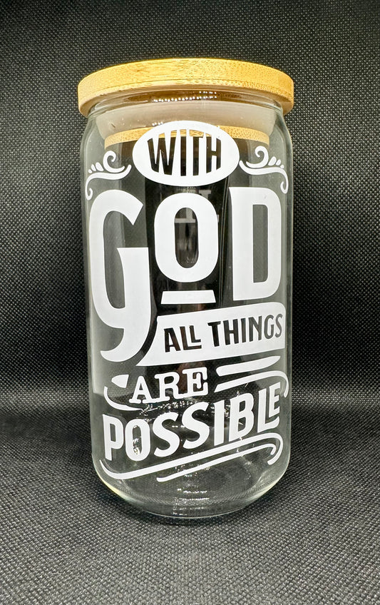 I can do all things through Christ glass with bamboo lid and glass straw 16oz