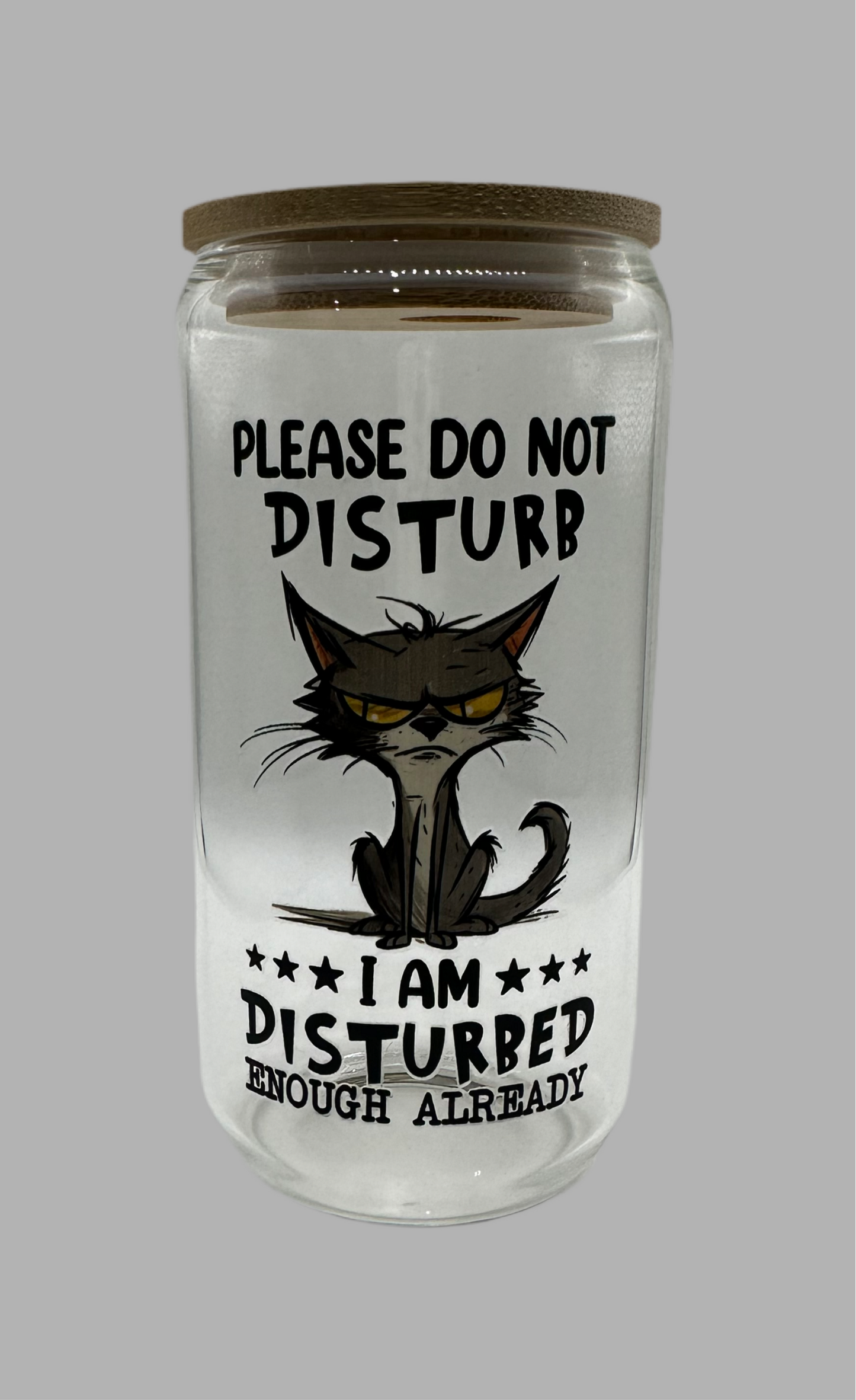 Disturbed Cat glass with bamboo lid and glass straw