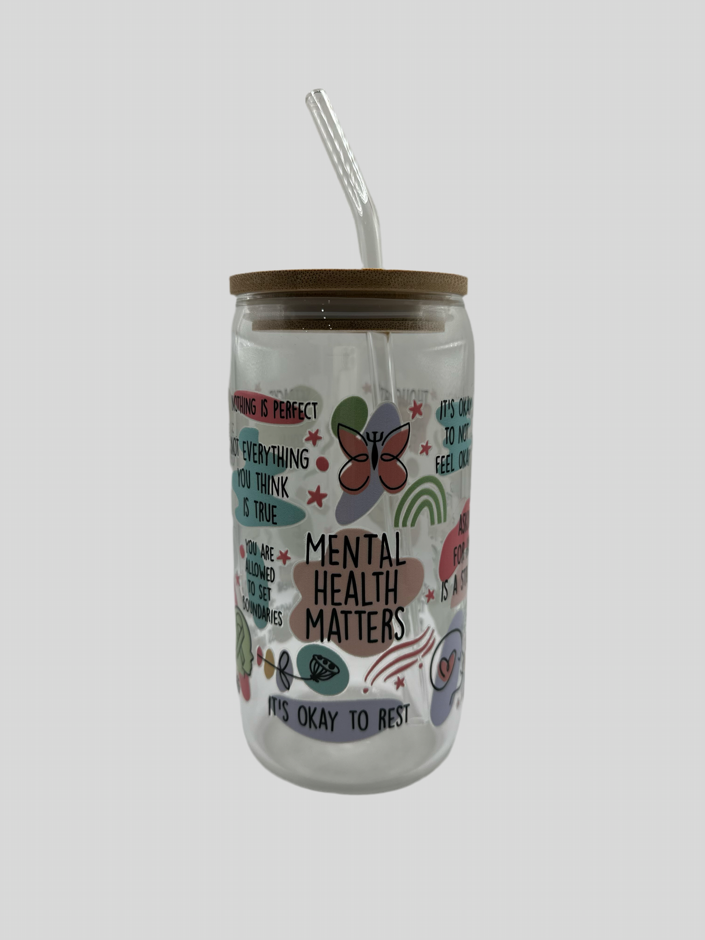 Mental Health Matters glass with bamboo lid and glass straw