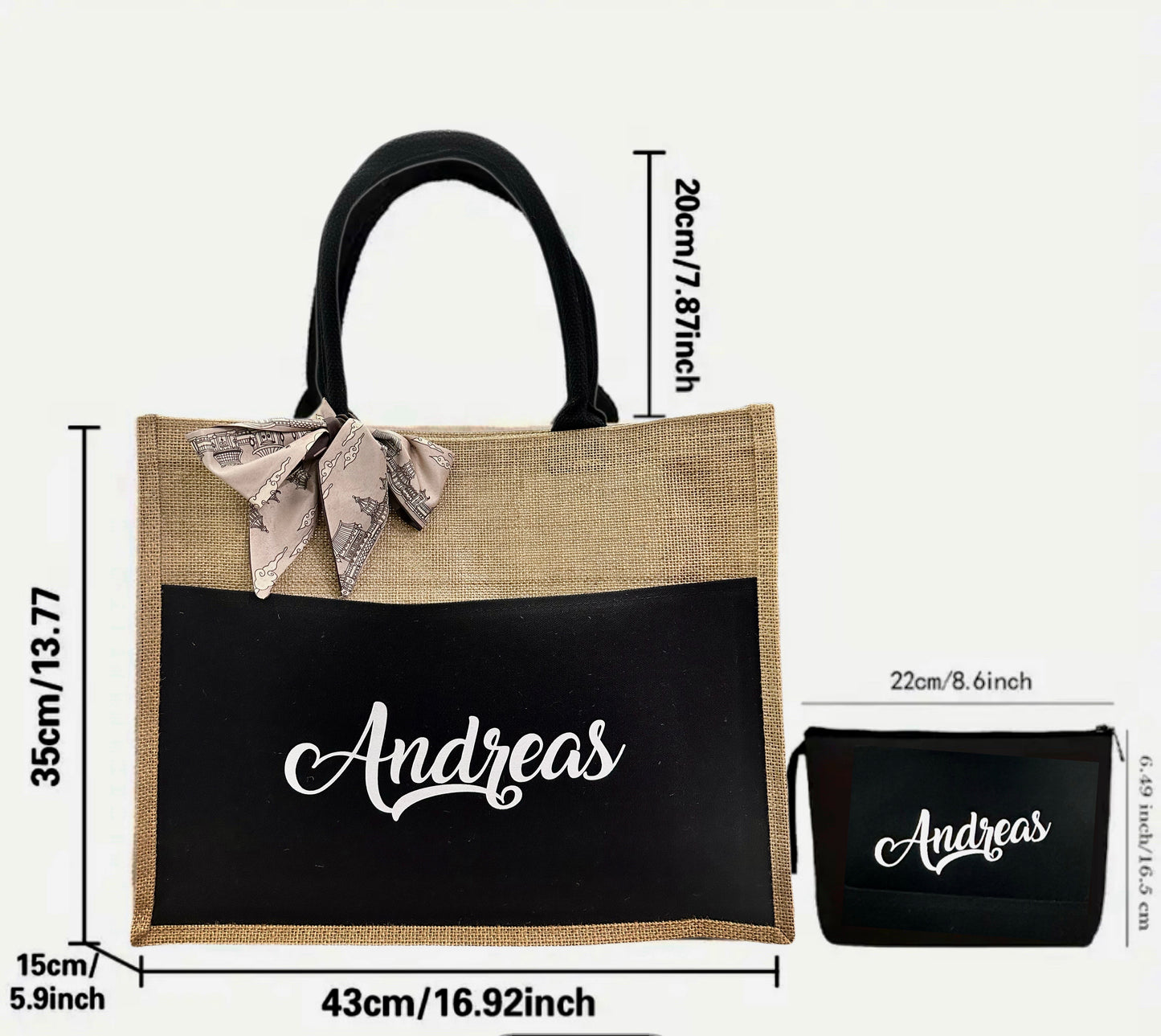 Personalised large tote bag with small pouch