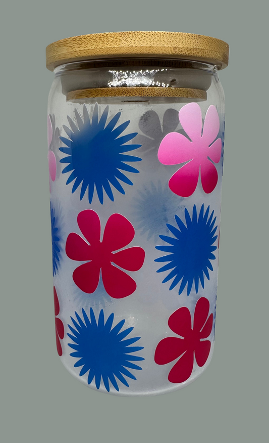 COLOR CHANGING Flowers glass with bamboo lid and straw