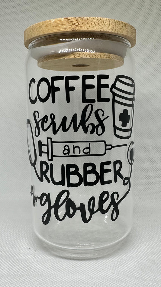 Coffee scrubs and rubber gloves glass with bamboo lid and straw