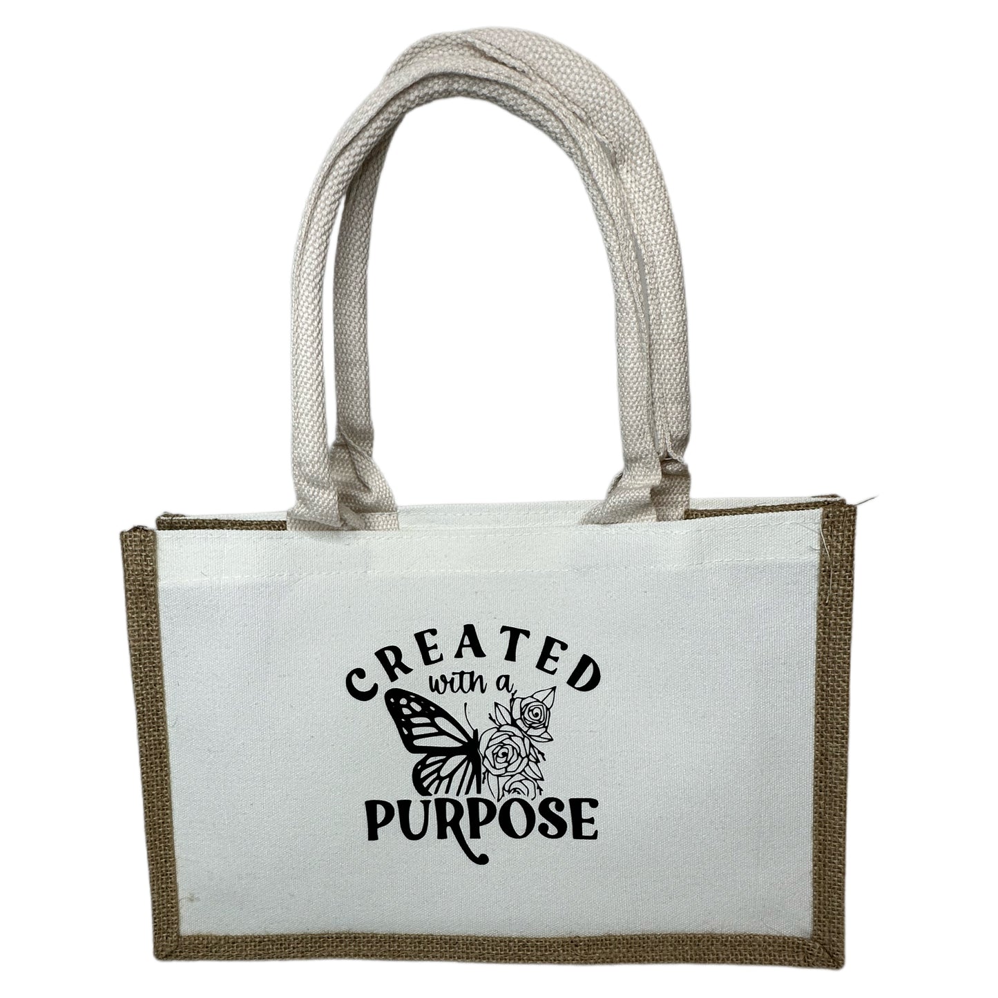 Created with a purpose burlap tote bag
