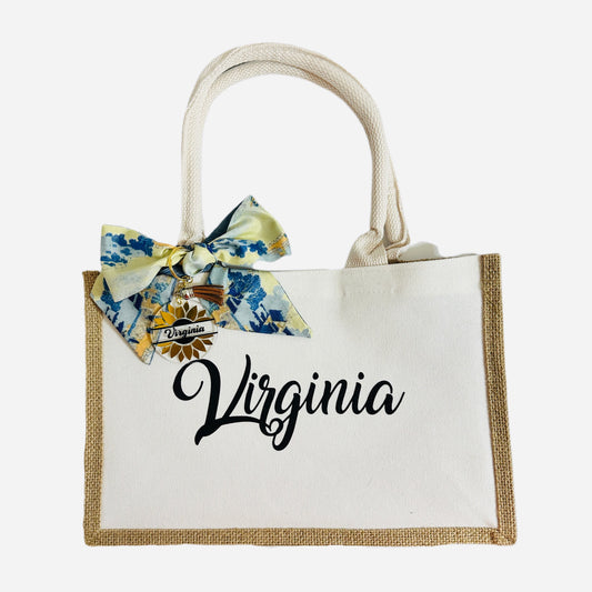 Personalised burlap tote bag with keychain