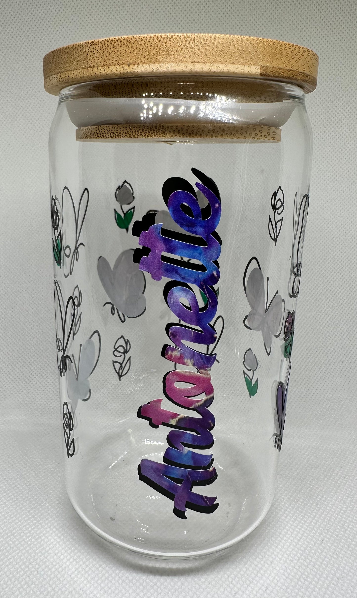 Butterfly wrap personalised glass with bamboo lid and straw 16oz