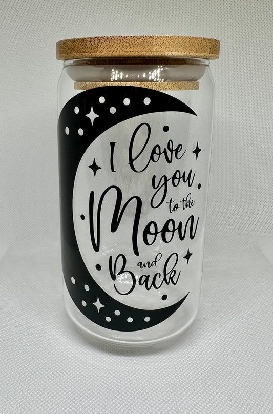 I love you to the moon and back glass with bamboo lid and glass straw