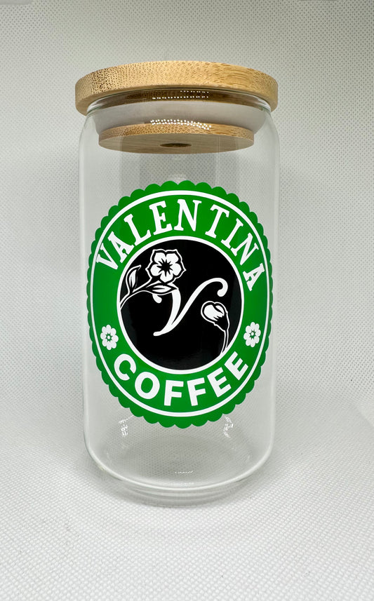 Personalised coffee glass with bamboo lid and straw